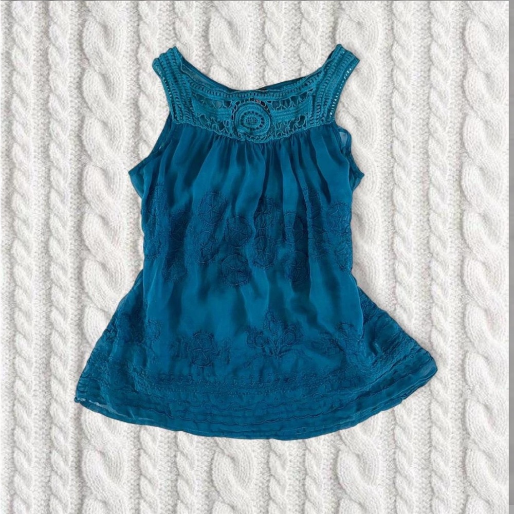 Whimsical Mermaidcore H20 Teal Sheer Embroidered Detail Blouse